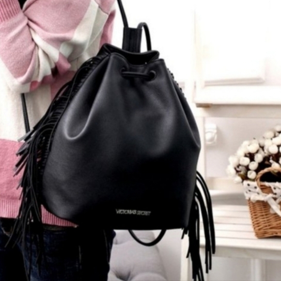 Victoria's Secret Black Vegan Leather Fringe Backpack Handbag Shoulder Bag NWT - Picture 12 of 15